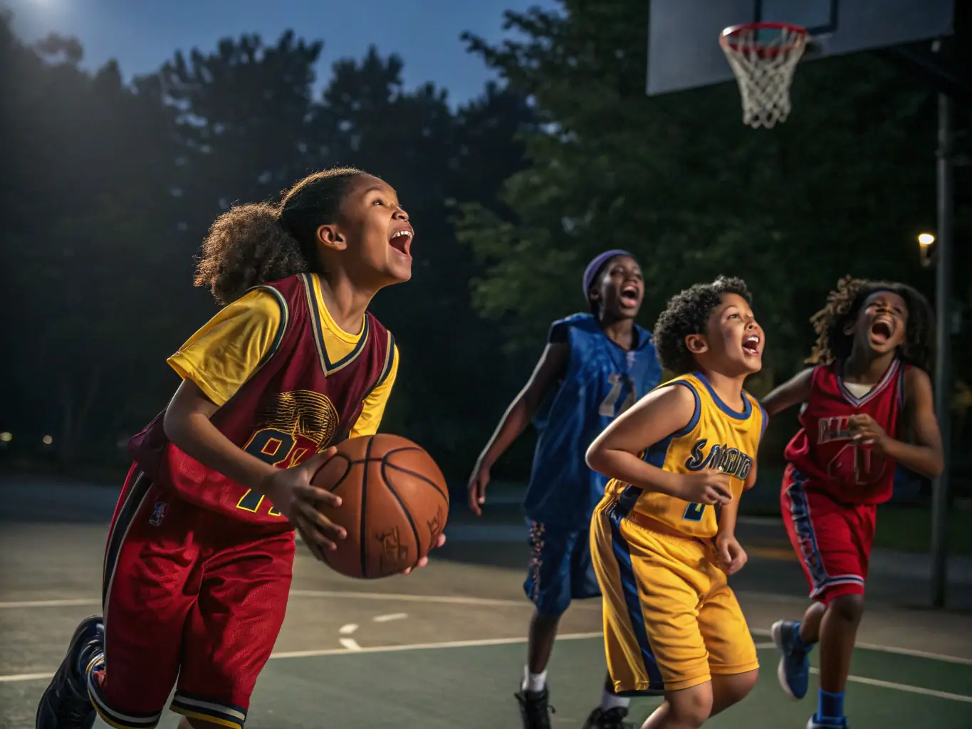 Photo d’un match amical intergénérationnel, réunissant enfants, adolescents et seniors sur le terrain, tous unis par la passion du basket et le partage, dans une ambiance festive et solidaire.