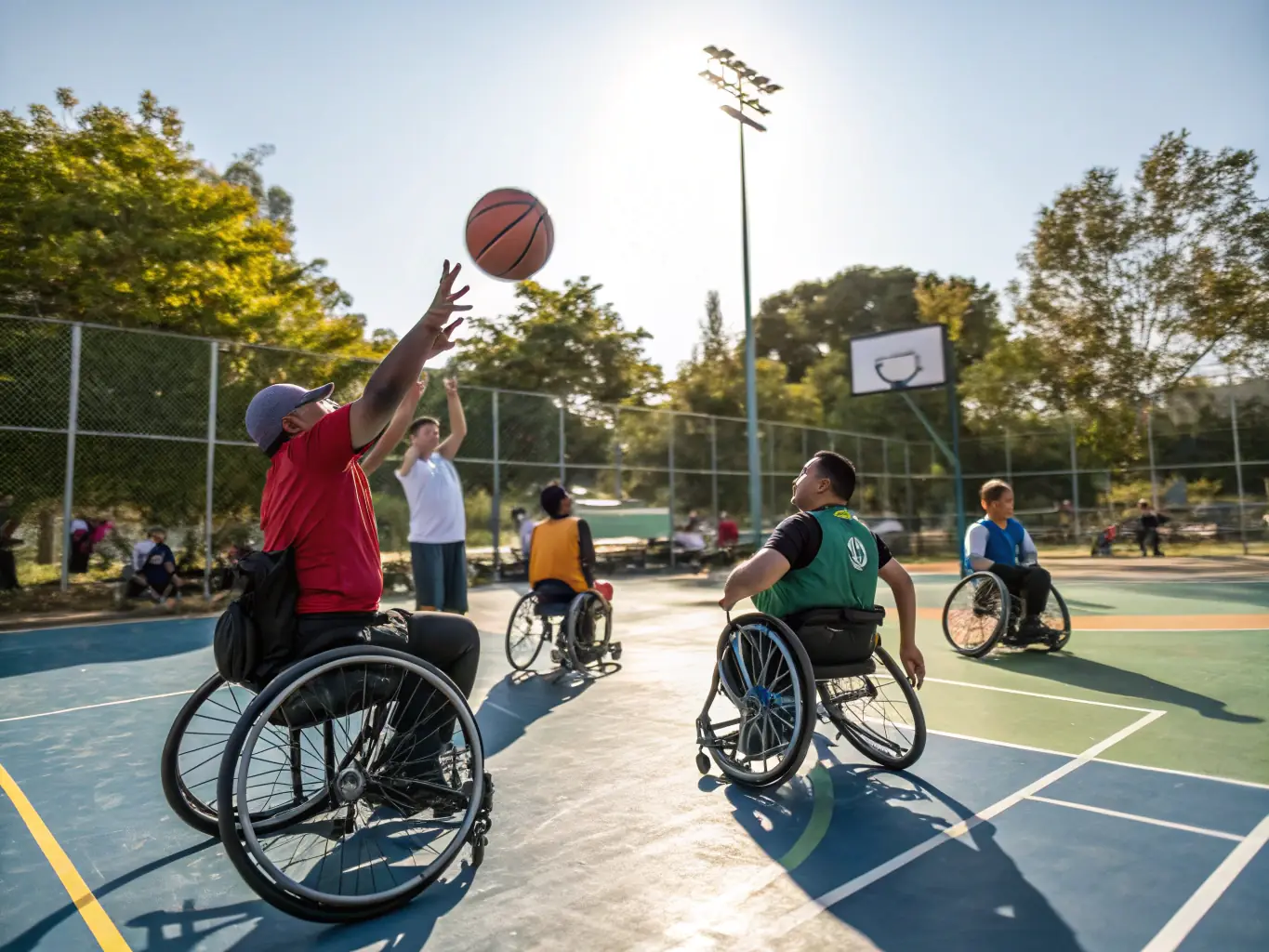 Photo d’un groupe mixte d’enfants et d’adultes, avec et sans handicap, jouant ensemble au basket dans un gymnase lumineux, tous souriants et engagés dans l’activité, illustrant l’inclusion et la convivialité.