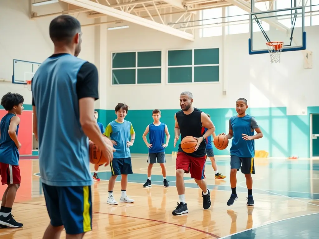 Un groupe mixte d’enfants et d’adultes, dont certains en fauteuil roulant, s’entraînant ensemble au basketball dans un gymnase lumineux, sous la supervision attentive d’un coach souriant.