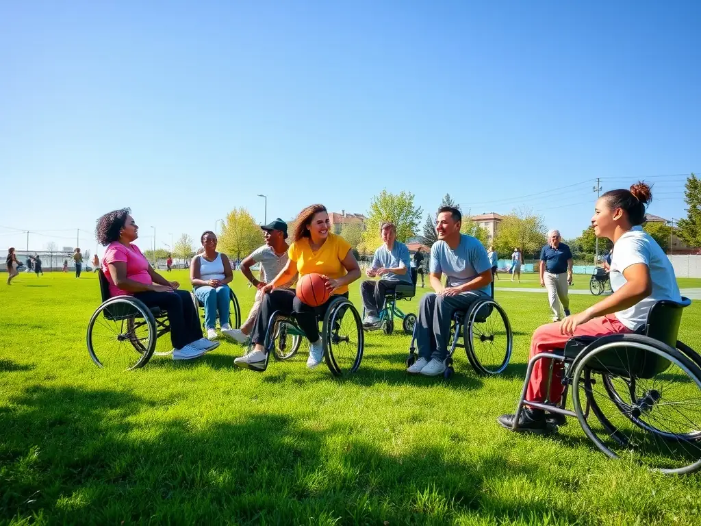 Des participants de tous âges, y compris des personnes en situation de handicap, prenant part à une activité physique ludique avec des ballons et des équipements adaptés, dans une ambiance chaleureuse.