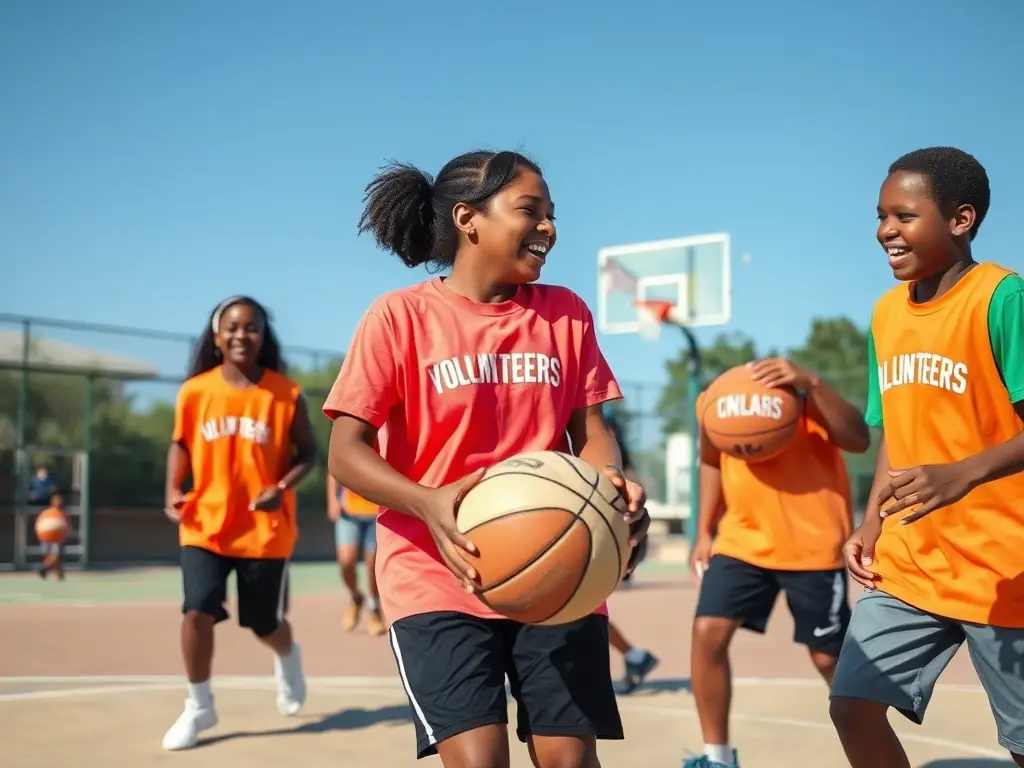 Un moment de partage où des bénévoles accompagnent des enfants et adultes lors d’un match amical, illustrant la cohésion sociale et l’inclusion au sein de l’association.